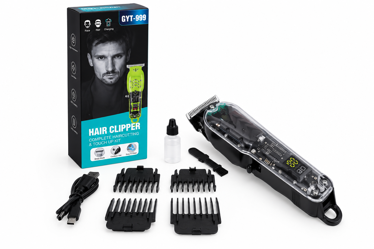 Cortadora de Cabello Profesional Transparente con Pantalla LED (Modelo GYT-999)