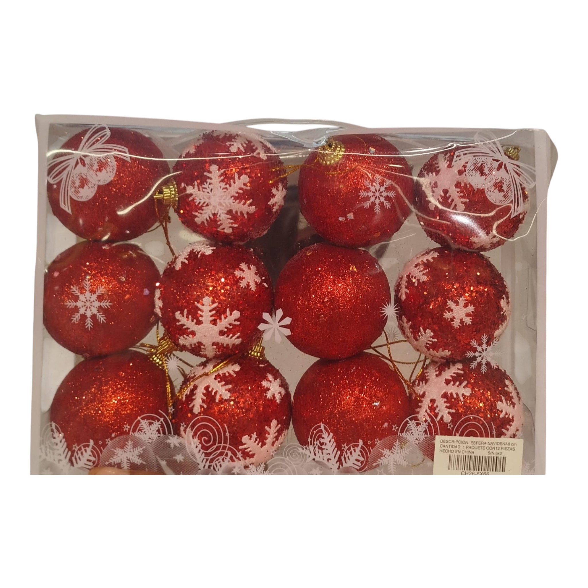 Esferas Navideñas Rojas con Copos de Nieve (Paquete con 12 piezas)