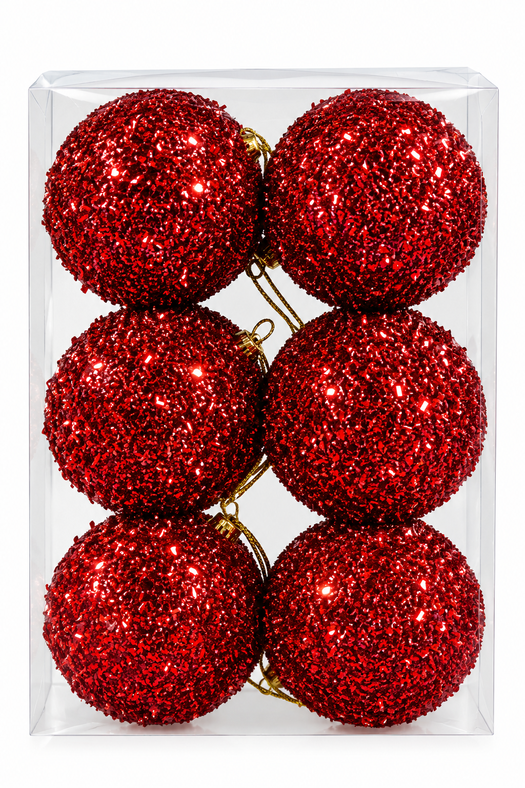 Esferas Navideñas Rojas con Tinsel / Escarcha (Paquete con 6 piezas)